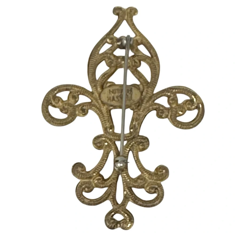 Miriam Haskell Vintage Signed Gold Tone Fleur De Lis Brooch Pin